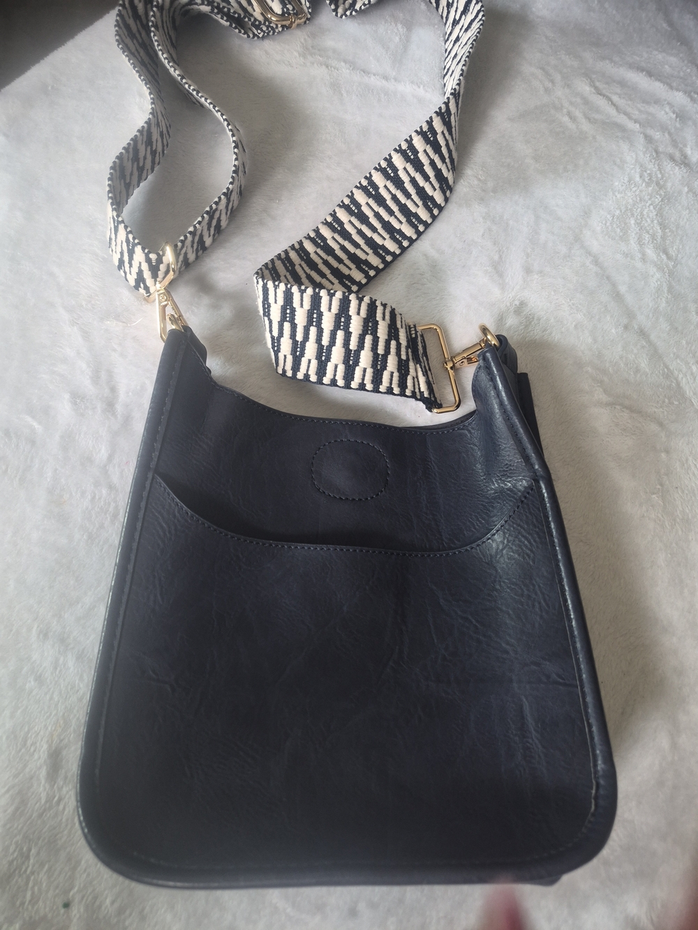 Classic Black Crossbody Bag with Patterned Webbed Strap